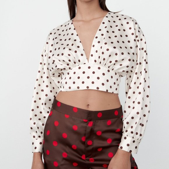 Zara | Tops | Nwt Zara V Neck Polkadot White Brown Cropped Blouse | Poshmark